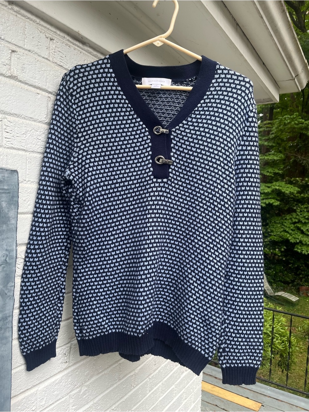 Madison navy and White Knit V-Neck Sweater with Toggle Buttons
